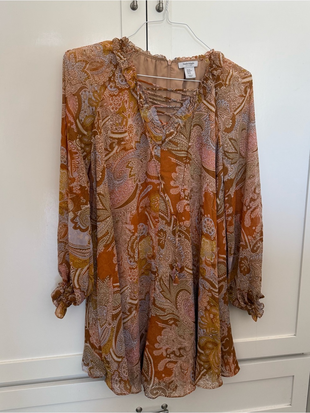 Haute Hippie Rust Paisley Lace-Up Long Sleeve Dress with Pink Accents